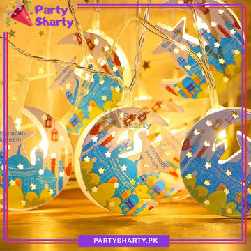 Ramadan Kareem Printed Crescent With Star Shaped Led Metal String Light For Ramadan Decoration And Celebration